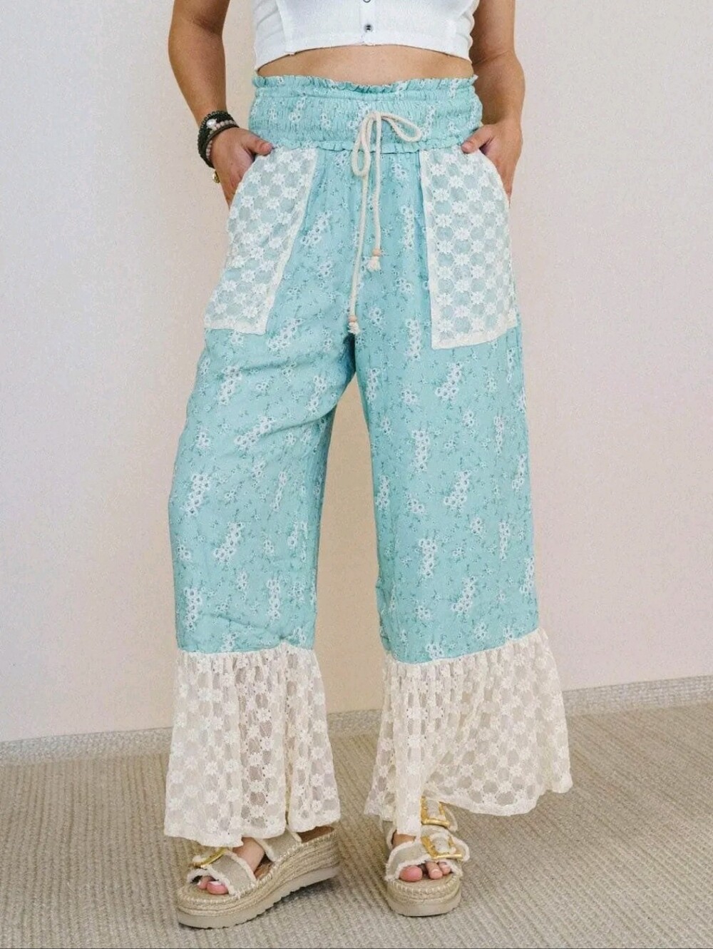 Fantastic Fawn Boho Crochet Wide-Leg Pants in Light Blue - Picture 3 of 14